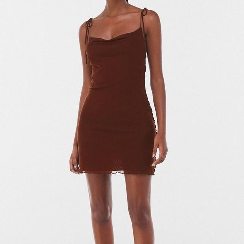 Bershka Chocolate Brown Mesh Mini Dress w Tie Straps | Women’s Size Extra Small